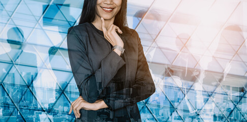 Wall Mural - double exposure image of success business people on abstract modern city background. future business