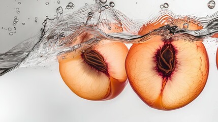 Wall Mural -   A close-up of three peaches submerged in water splashing on their surfaces from below