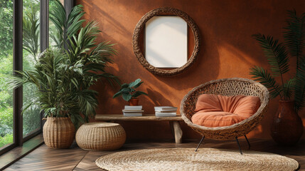 Sticker - A cozy living room with a wicker chair and a round rug.