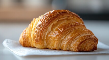 Wall Mural -   A croissant rests atop a white countertop with a cup of coffee nearby and a napkin underneath