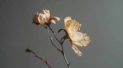 Wall Mural -   Dead flowers on a tree branch against a gray background No leaves present
