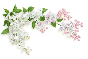 Delicate floral corner arrangement. Blooming white lilac, pink acacia, Lilac flowers and green leaves isolated on a white. Design element for creating postcards, with generative ai