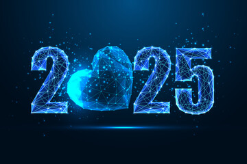 Wall Mural - 2025 New Year with glowing 2025 digit and heart symbol on blue background. Love, celebration concept