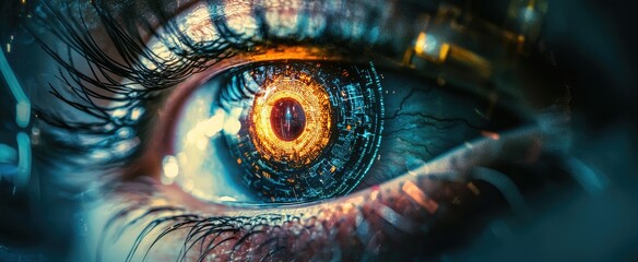 Wall Mural - close-up of a human eye with a digital interface