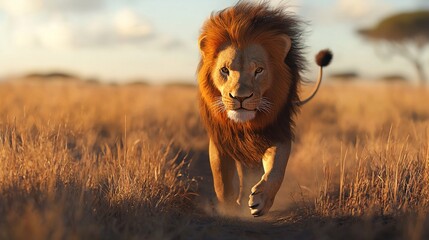 Poster -   Lion sprinting in tall grass against blue sky backdrop with cloudy sky