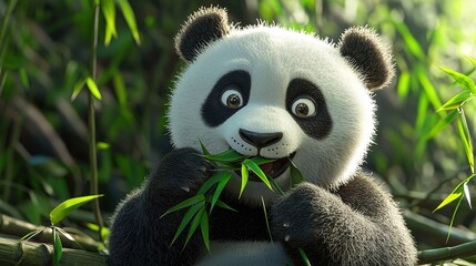 Canvas Print -   A black and white panda eating bamboo in a field of tall grass with wide-open eyes and a smile on its face