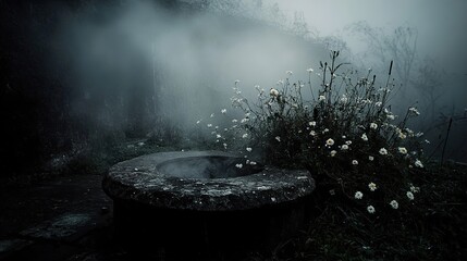 Poster - Misty Morning: Daisies Bloom Near a Stone Well