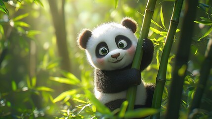 Canvas Print -   A panda holds bamboo in a bamboo forest, bathed in sunlight filtering through leafy canopy