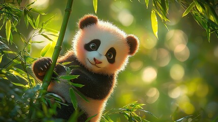 Poster -   A panda sitting atop a bamboo tree, surrounded by a sea of green leaves