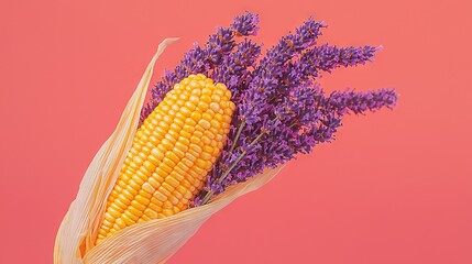 Sticker -   Corn on Pink Background with Lavender Sprigs