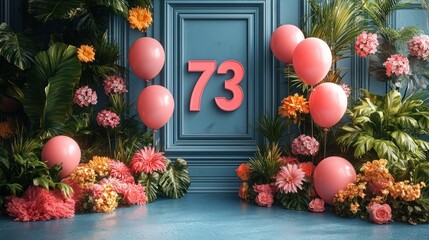 Sticker - A vibrant floral backdrop with balloons, featuring the number 73.