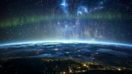 Wall Mural - a view of earth from space, showing city lights and a starry sky with a green aurora