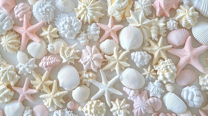 Wall Mural -   Close-up of seashells and starfish on white and pink paper