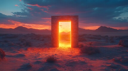 Wall Mural - A glowing door stands in a desolate landscape at sunset, inviting exploration and wonder.