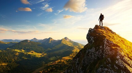 Hiker on top of a rock looking far away, representing adventure and exploration in nature.