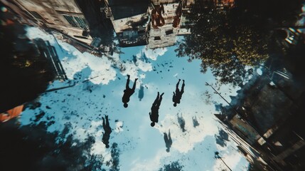 Upside Down Silhouettes of People Reflected in a Puddled Sky