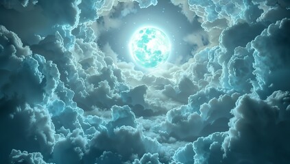 Wall Mural - 3d render of a large white cloud in the shape of the moon with bright light...