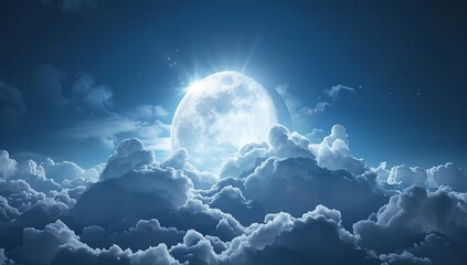 Wall Mural - 3d render of a large white cloud in the shape of the moon with bright light...