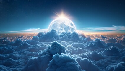 Wall Mural - 3d render of a large white cloud in the shape of the moon with bright light...
