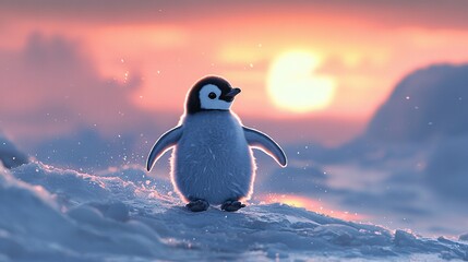 Poster -   Penguin in snow with sun in background & clouds in foreground