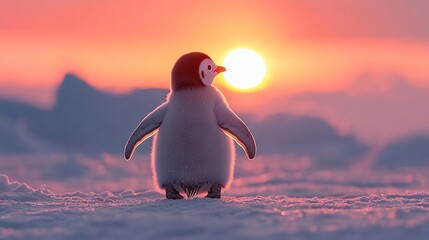 Sticker -   A penguin standing in the snow against a pink and blue sky, with the sun shining behind it