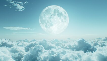 a giant white moon in the sky surrounded by clouds with a centered...