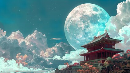 Wall Mural - a large white cloud floats in the sky, behind which is an oversized round...