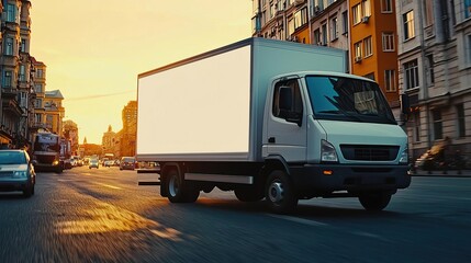 Delivery truck on the city street at sunset, showcasing a blank canvas for advertising and urban logistics.