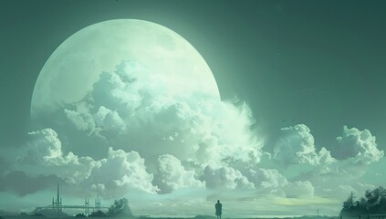 Wall Mural - a large white cloud floats in the sky, behind which is an oversized round...