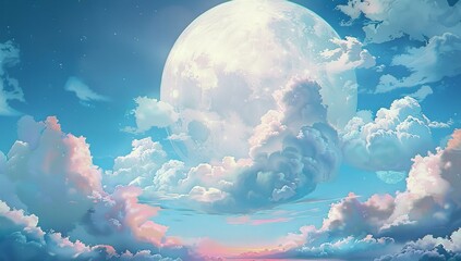 Wall Mural - a large white cloud floats in the sky, behind which is an oversized round...
