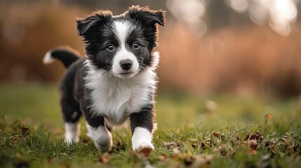 Sticker -   Small black-and-white dog sprinting through green grass amidst blurred background tree trunks