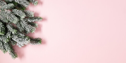 Wall Mural - christmas holiday composition. fir tree branches on pastel pink background. christmas, new year, win