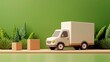 © K-MookPan - A whimsical delivery scene featuring a toy truck and boxes beside green foliage, perfect for business or logistics themes.