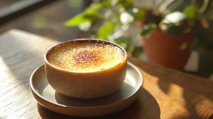 Poster -   A coffee mug resting atop a dish plate, perched atop a wooden desk beside a greenhouse