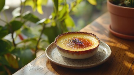 Canvas Print -   A bowl of food sits on a wooden table beside a potted plant