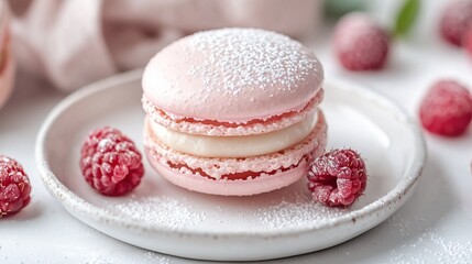 Canvas Print -   Three macaroons on a white plate, dusted with powdered sugar and garnished with raspberries A glass of wine nearby