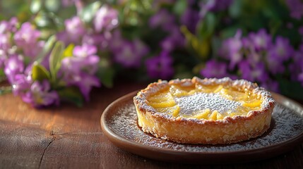 Sticker -   A pastry rests atop a brown platter on a wooden table alongside an array of lilac and ivory blossoms