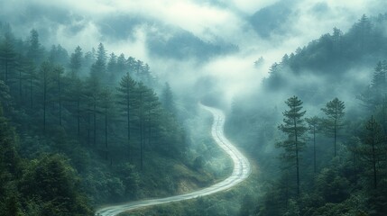 Wall Mural - Serene winding road through misty mountains and lush greenery.