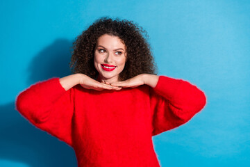 Poster - Photo portrait of attractive young woman show face look empty space dressed stylish red clothes isolated on blue color background