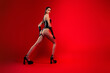 © Beauty Hero - Profile photo of stunning chic classy girl perfect shape stand high heels empty space isolated on red color background