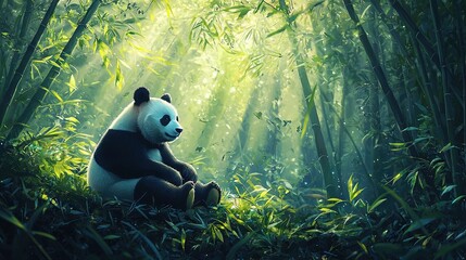 Wall Mural -   A panda bear lounging under the radiant sun in a dense bamboo grove