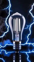 Blue light bulb and lighting strike, bright static electricity energy and power. Danger spark shock, glowing thunder bolt flash, illuminated, innovation, technology (17)