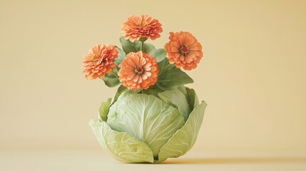 Canvas Print -   A vase with orange flowers is placed atop a green plant on a white table