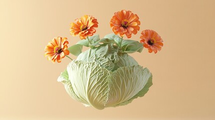 Wall Mural -  An orange-filled vase sits on a yellow tablecloth against a light brown wall background