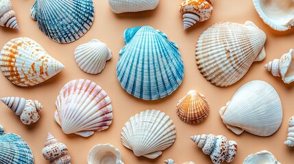 Wall Mural -   A cluster of seashells is arranged atop a table beside them on another table