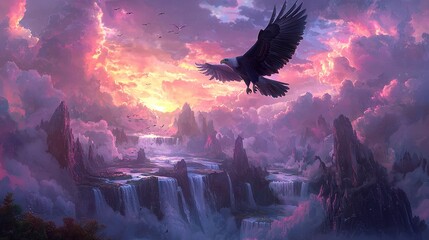 Poster -   A waterfall flows beneath a bird soaring high in the sky Birds also fly overhead