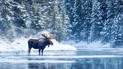 Poster -   A majestic moose stands still amidst the frigid waters of a frozen lake, surrounded by a blanket of snow on the frozen ground, while tall trees loom in the background