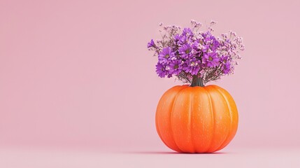 Poster -   Vase with purple flowers sits on pink surface against pink background