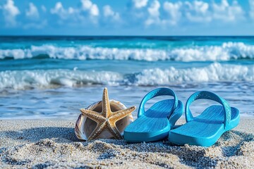 Wall Mural -   A pair of blue flip flops lay on a sandy beach beside a starfish in the ocean