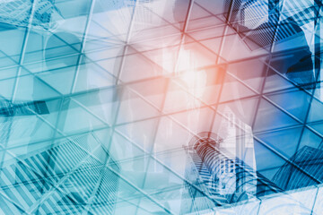 Wall Mural - double exposure image of faded business abstract background with office building and people conferen